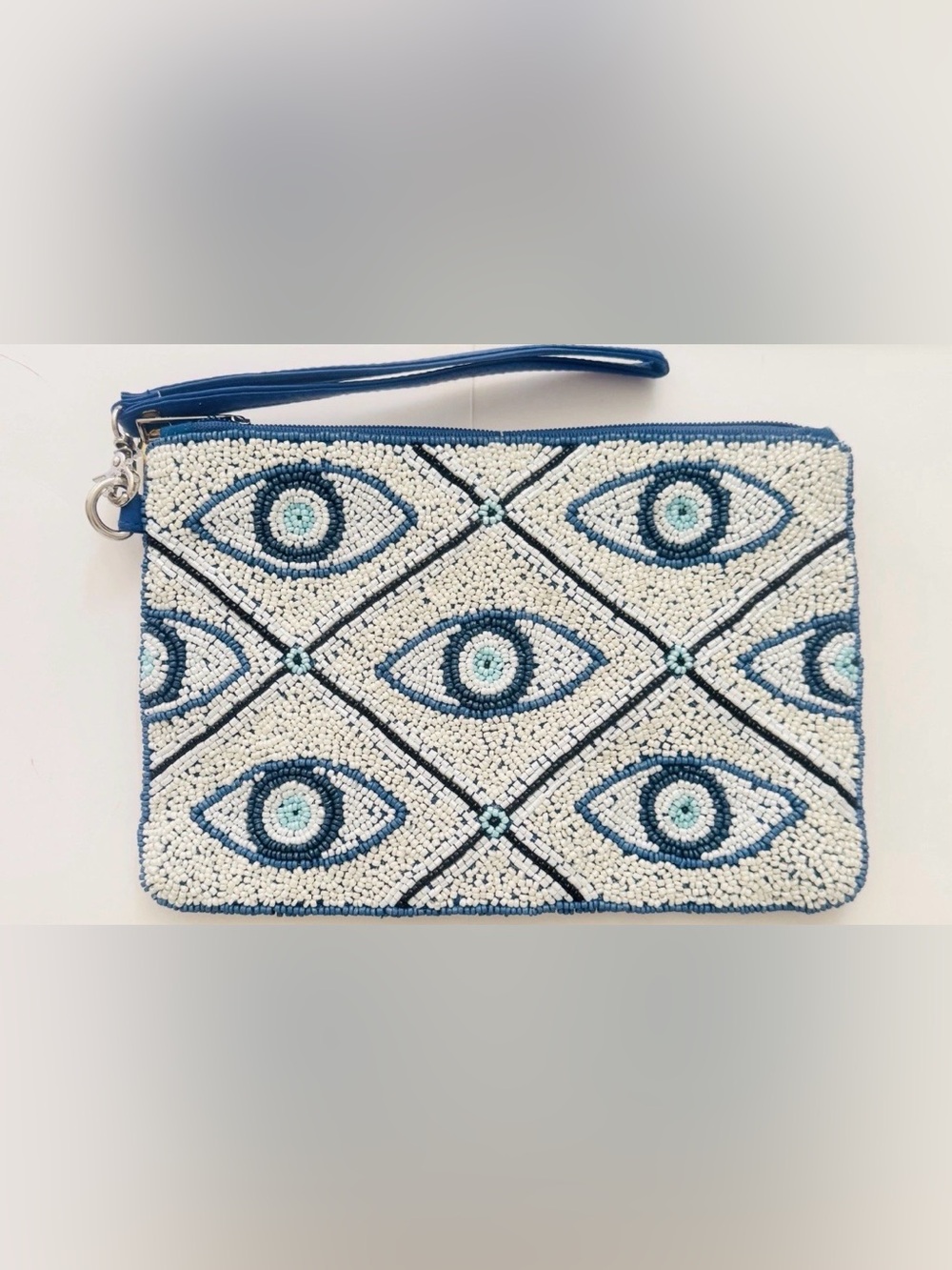 NWT House of Harlow 1960 Beaded Eye Motif Wristlet in Blue & White - Picture 2 of 3
